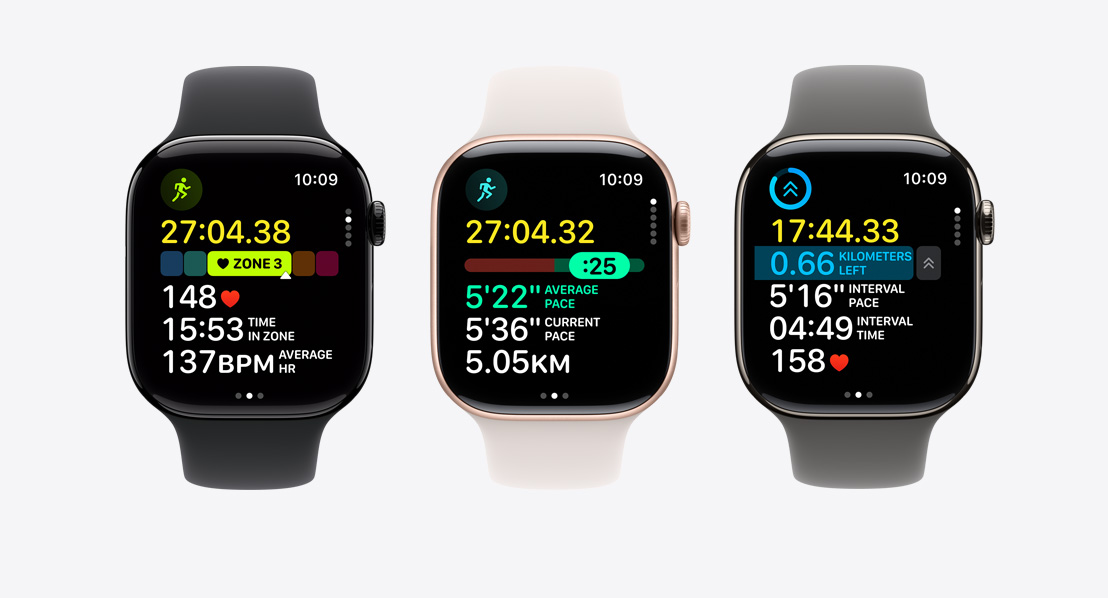 Fitneszképernyők az Apple Watch Series 11-en: Pulzuszónák, Tempómérő, egyéni edzés intervallumokkal