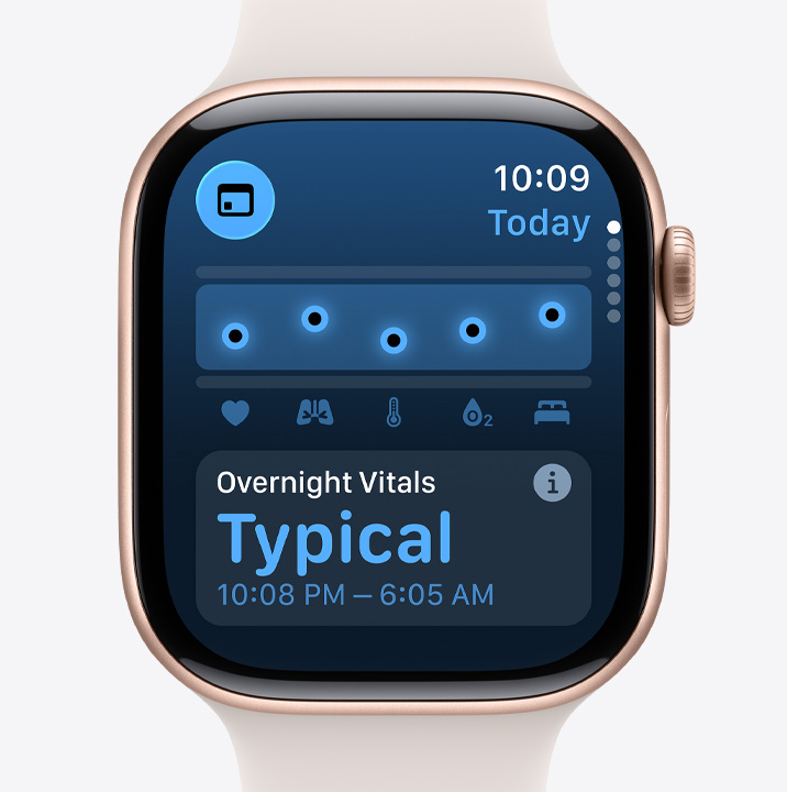 Apple Watch Series 11, rozéaranyszínű alumíniumtok, Vitális jelek app, egészségpontszámok diagramja, alvási vitális jelekkel kapcsolatos értesítés