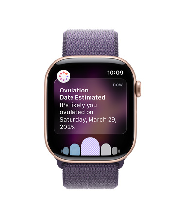 Apple Watch Series 11, warna alami, casing titanium, pemberitahuan perkiraan tanggal ovulasi dari Pelacakan Siklus di aplikasi Kesehatan, Digital Crown, tali jam, Tali Magnetis, warna biru laut