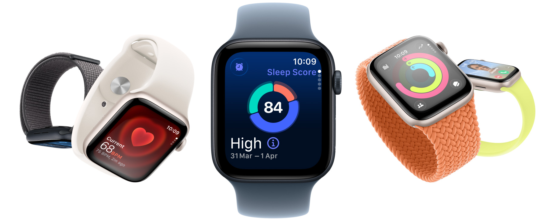 Apple Watch SE 3 devices, aluminium cases, starlight and midnight colours, screens: Vitals app, Heart Rate app, Sleep Score, Activity rings, incoming call