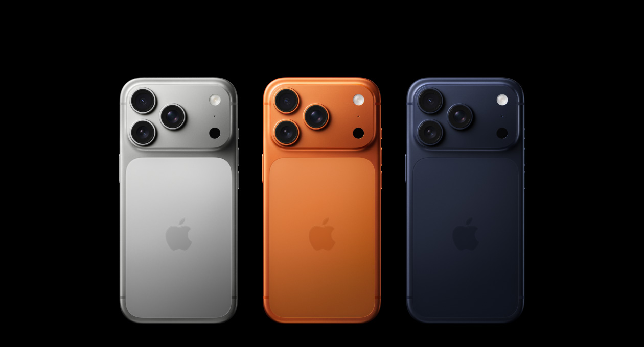 iPhone 17 Pro, back exterior, all three finishes, Silver, Cosmic Orange, Deep Blue, Pro camera system in top-left corner, 3 lenses, microphone, flash, Apple logo in centre