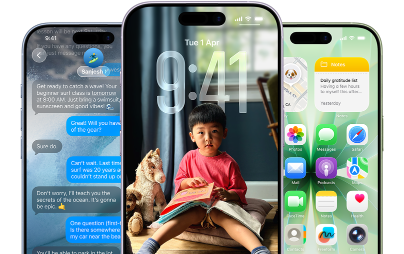 iPhone 17 devices, front exterior, colours: mist blue, lavender, sage, iOS features - Background with messages, Liquid Glass showing the Lock Screen and Home Screen with various apps displayed