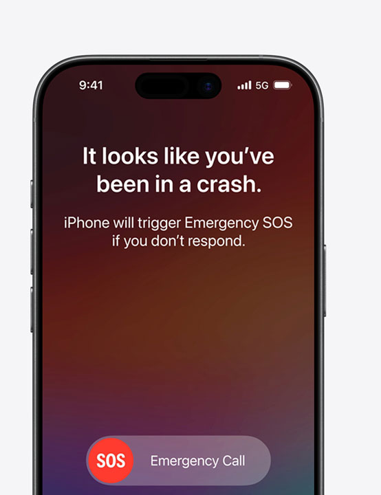 Side by side, iPhone screen showing Messages, Find My, Roadside Assistance widgets available via Satellite, iPhone screen showing Emergency SOS in use, iPhone screen showing Roadside Assistance in use