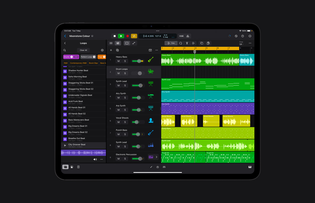 UI of a beat selection that showcases visual selections of Heavy Bass, Drum Loops, Synth Lead, Airy Synth, Vocal Shouts, Punch Bass, Synth Lead, and Electronic Percussion.
