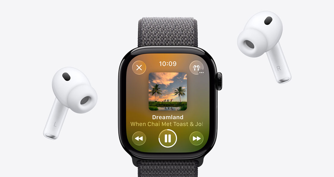 AirPods Pro 3, white, silicone tips, Apple Watch Series 11, aluminium case, polished jet black colour, Apple Music playing, Sport Loop, anchor blue colour