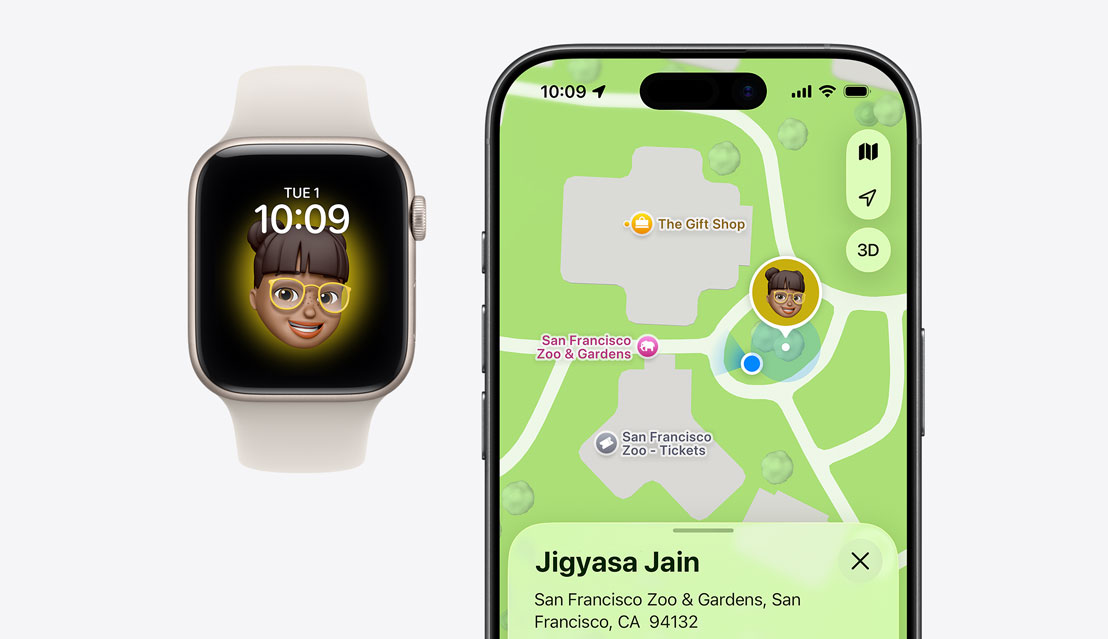 Apple Watch SE 3, childʼs Memoji on screen, iPhone 17, Find My app, childʼs location on map