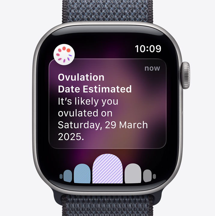 Apple Watch Series 11, space grey colour, aluminium case, ovulation date estimation notification from Cycle Tracking in Health app, Digital Crown, Sport Loop, dark grey colour