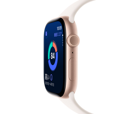ローズゴールドアルミニウムケースのApple Watch Series 11の側面。睡眠スコアなどのダイナミックなデータがディスプレイに表示されている