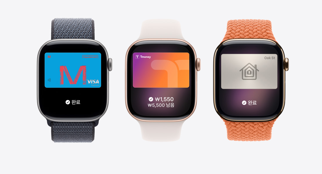 Apple Pay 화면, Apple Card, Apple 지갑, 교통카드, 홈 키 카드가 보이는 Apple Watch Series 11