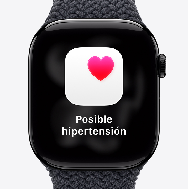 Apple Watch Series 11, aluminum case, polished Jet Black  color, possible hypertension health notification, pink heart in white box, right side exterior, Digital Crown, Sport Band, black color