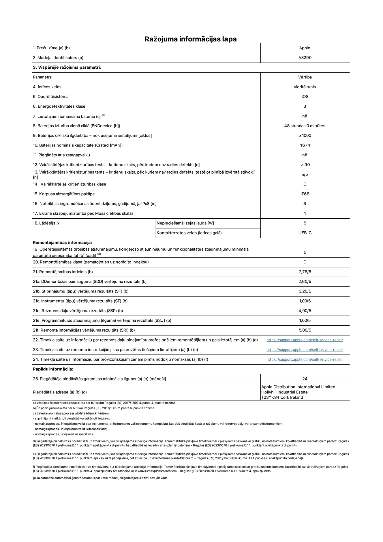 Produkta informācijas lapa – iPhone 16 Plus, modelis A3290. Piegādātājs: Apple Distribution International Limited, Hollyhill Industrial Estate. Korka, Īrija T23 YK84. Ierīces veids: viedtālrunis. Operētājsistēma: iOS. Energoefektivitātes klase: B. Lietotāja paša spēkiem nomaināms akumulators: nē. Akumulatora izturība vienā ciklā: 48 stundas. Akumulatora cikliskā izturība – noklusējuma iestatījumi: ≥ 1000. Akumulatora nominālā kapacitāte: 4674 mAh. Piegādāts ar aizsargapvalku: nē. Vairākkārtējas kritienizturības tests – kritienu skaits, pēc kuriem nav radies defekts: ≥ 90. Vairākkārtējas kritienizturības tests – kritienu skaits, pēc kuriem nav radies defekts, testējot pilnībā izvērstā stāvoklī: nav piemērojams. Vairākkārtējas kritienizturības klase: C. Korpusa aizsargātības pakāpe: IP68. Noteiktais iegremdēšanas ūdenī dziļums, gadījumā, ja IPx8: 6. Ekrāna skrāpējumizturība pēc Mosa cietības skalas: 4. Lādētājam nepieciešamā izejas jauda: 5 W. Lādētāja kontaktrozetes veids (ierīces galā): USB-C. Operētājsistēmas drošības atjauninājumu, koriģējošo atjauninājumu un funkcionalitātes atjauninājumu minimālā garantētā pieejamība: 5 gadi. Remontējamības klase: C. Remontējamības indekss: 2,78/5. Demontāžas pamatīguma (SDD) vērtējuma rezultāts: 2,60/5. Stiprinājumu vērtējuma rezultāts: 3,20/5. Instrumentu vērtējuma rezultāts: 1,00/5. Rezerves daļu vērtējuma rezultāts: 4,00/5. Programmatūras atjauninājumu vērtējuma rezultāts: 1,00/5. Remonta informācijas vērtējuma rezultāts: 5,00/5. Tīmekļa saite uz informāciju par rezerves daļu pieejamību profesionāliem remontētājiem un galalietotājiem: https://support.apple.com/self-service-repair. Tīmekļa saite uz remonta instrukcijām, kas paredzētas galalietotājiem: https://support.apple.com/self-service-repair. Tīmekļa saite uz informāciju par provizoriskajām cenām pirms nodokļu nomaksas: https://support.apple.com/self-service-repair. Piedāvātās garantijas standarta ilgums: 24 mēneši.