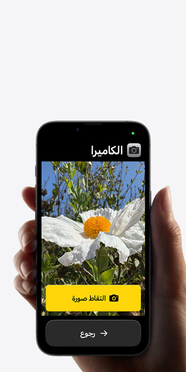 شاشة iPhone 16e تعرض واجهة مبسطة لتطبيق الكاميرا مع زهرة بيضاء في الإطار، وزر 