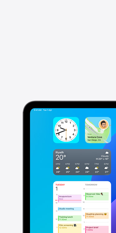 VoiceOver feature on iPad Pro screen showing Weather app widget with audio output “Weather, Riyadh, 20 degrees”