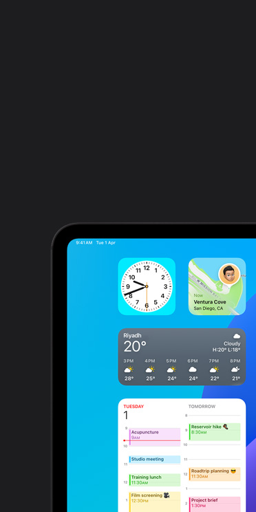 VoiceOver feature on iPad Pro screen showing Weather app widget with audio output “Weather, Riyadh, 20 degrees”