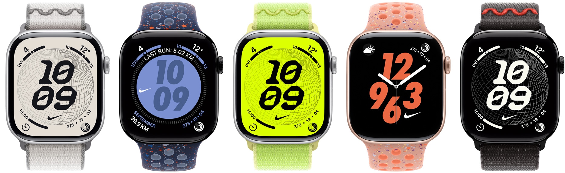 ساعات Apple Watch وأحزمة Nike: حزام Loop رياضي Nike رمادي ضبابي، وحزام رياضي Nike بلون أزرق الأبطال، وحزام رياضي Nike بلون فولت نيون، وحزام رياضي Nike بلون وردي الغروب، وحزام رياضي Nike بلون أسود ليلي، وواجهات ساعة Nike:‏ واجهة الكرة الأرضية والواجهة المختلطة وواجهة Bounce والواجهة الرقمية