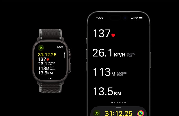 Apple Watch Ultra 3, black color, titanium case, Trail Loop, black/charcoal color,  iPhone, active workout metrics open on both devices