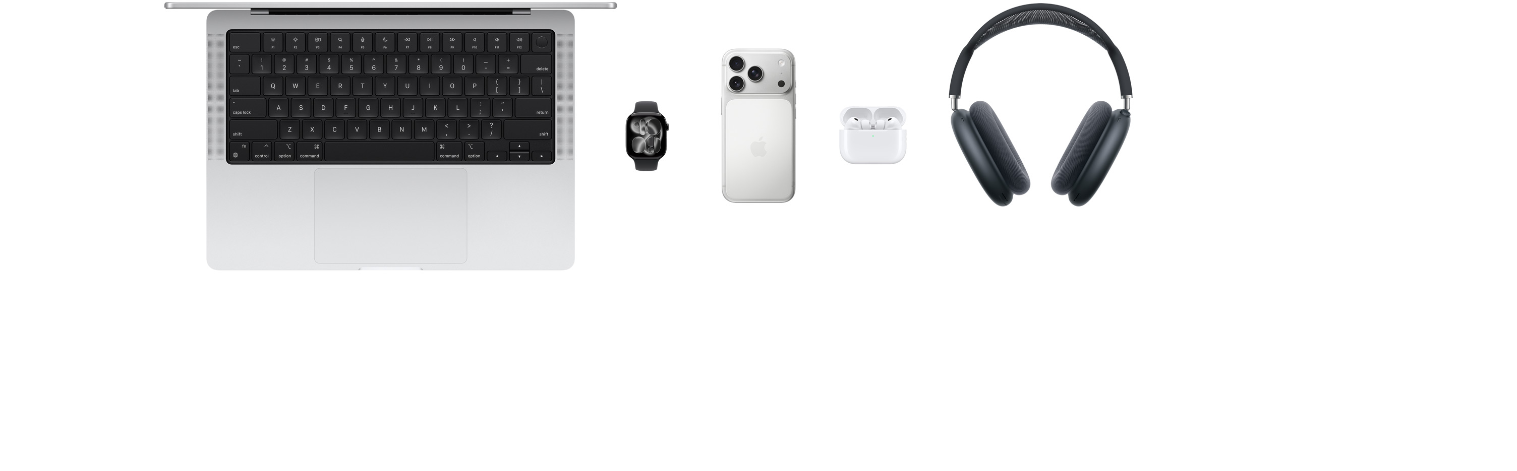 منتجات مختلفة من Apple، تشمل MacBook وApple Watch Series 10 وiPhone 16 Pro وAirPods 4 وAirPods Max.