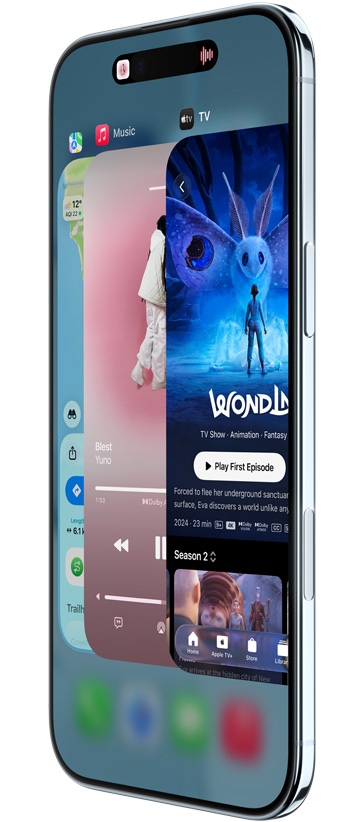 iPhone Air, front exterior, side exterior, with Maps, Music, and Apple TV+ apps, showcasing the App Switcher feature in use