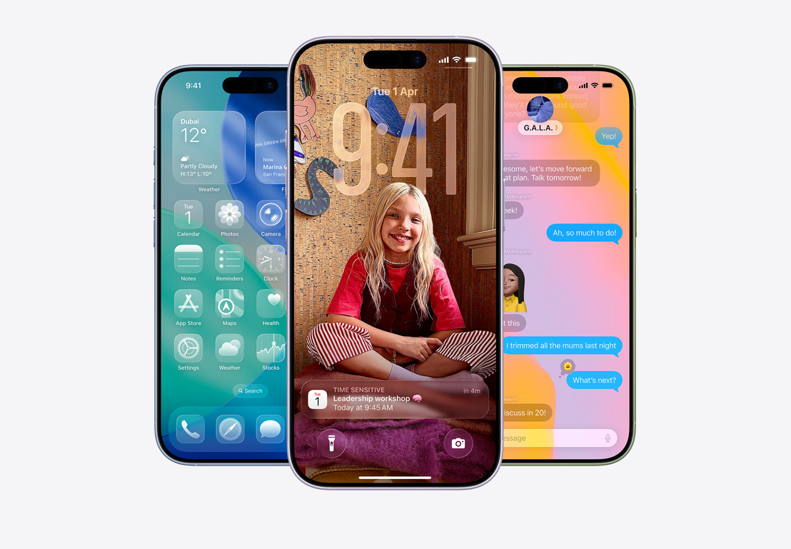 iPhone screen showing call screening pop-up, iPhone screen showing Mail and Messages app pop-ups with Liquid Glass design, iPhone screen showing Messages thread with Liquid Glass background