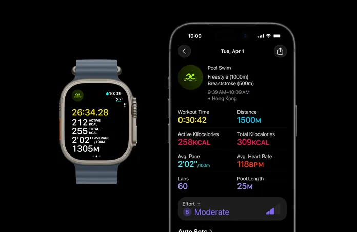 Apple Watch Ultra 3，採用原色鈦金屬錶殼，配以錨鐵藍色海洋錶帶；螢幕顯示進行中的游泳體能訓練，較大的體能訓練指標細項畫面在 iPhone 上顯示