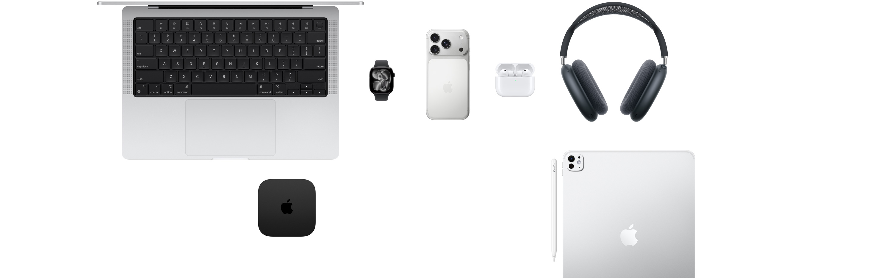 多款 Apple 產品展現眼前，包括 MacBook、Apple Watch Series 11、iPhone 17 Pro、AirPods Pro 3、AirPods Max、Apple TV、Apple Pencil Pro 和 iPad Pro