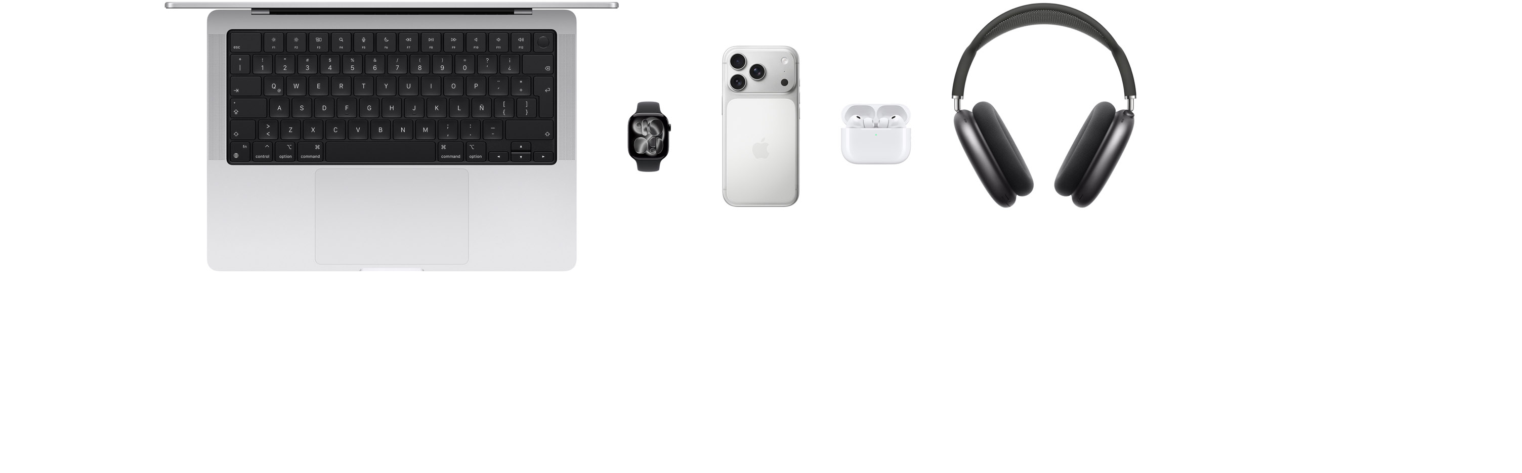 Varios productos Apple, entre ellos, una MacBook, un Apple Watch Series 11, un iPhone 17 Pro, unos AirPods Pro 3 y unos AirPods Max