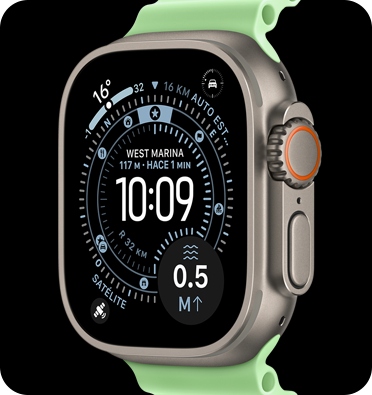 Un Apple Watch Ultra 3 con caja de titanio color plata y correa Ocean verde.