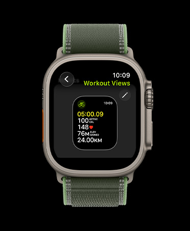 Apple Watch Ultra 3, titanium case, natural colour, edit workout views screen, Trail Loop