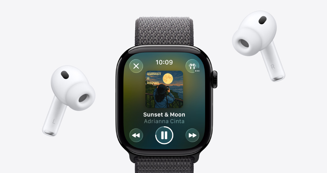 AirPods Pro 3, white, silicone tips, Apple Watch Series 11, aluminum case, polished jet black color, Apple Music playing, Sport Loop, anchor blue color