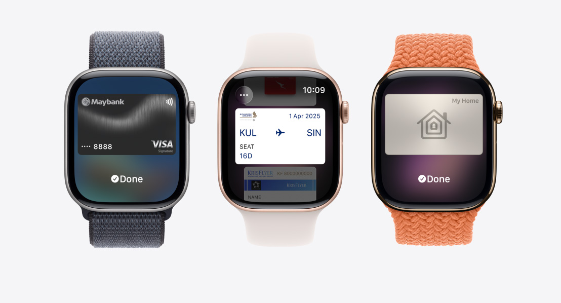 Apple Watch Series 11 devices, aluminum and titanium cases, silver, rose gold and gold colors, Apple Pay screen, Apple Card, Apple Wallet, Transit Card, home key card, Bands: Sport Loop, anchor blue color, Sport Band, light blush color, Braided Solo Loop, turmeric color