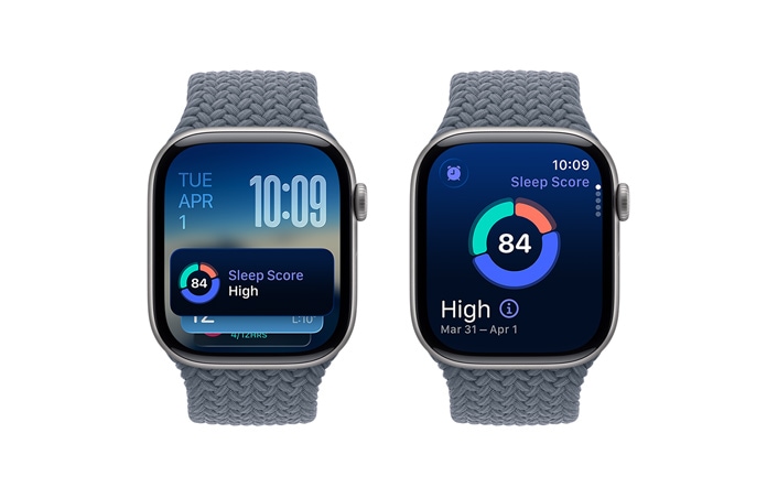 Apple Watch Series 11 z kopertą z aluminium w kolorze gwiezdnej szarości, podpowiedzi Stosu inteligentnego, powiadomienie o wyniku snu, prawy bok urządzenia, pokrętło Digital Crown