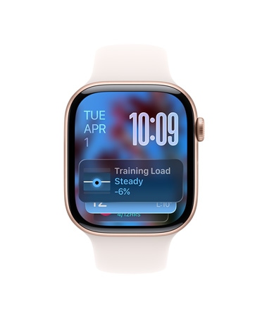 Apple Watch Series 11 z kopertą z aluminium w kolorze różowego złota, pasek sportowy w kolorze łagodnego różu, podpowiedzi Stosu inteligentnego