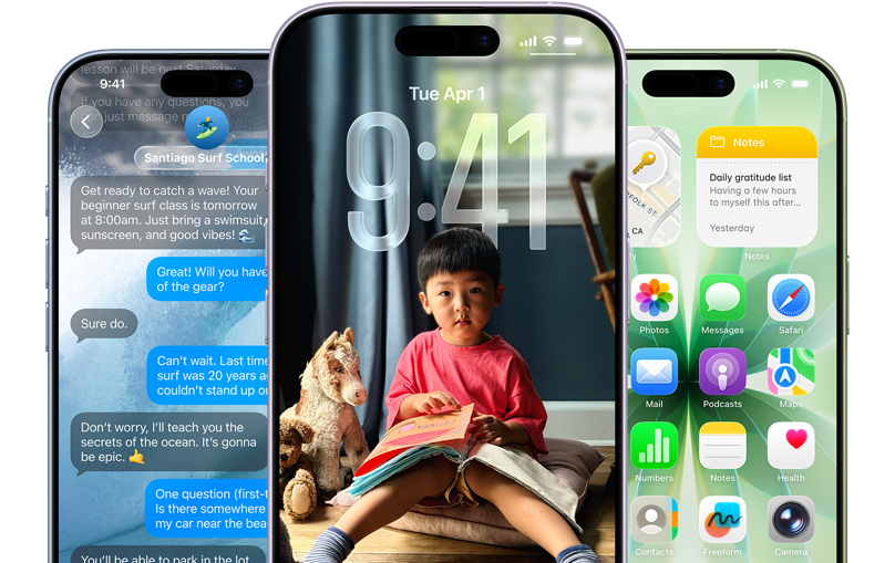 Urządzenia iPhone 17, przód urządzeń, kolory: gołębi, lawenda, szałwia, funkcje iOS – Tło z wiadomościami, efekt Liquid Glass pokazujący ekran blokady i ekran główny wraz z różnymi aplikacjami