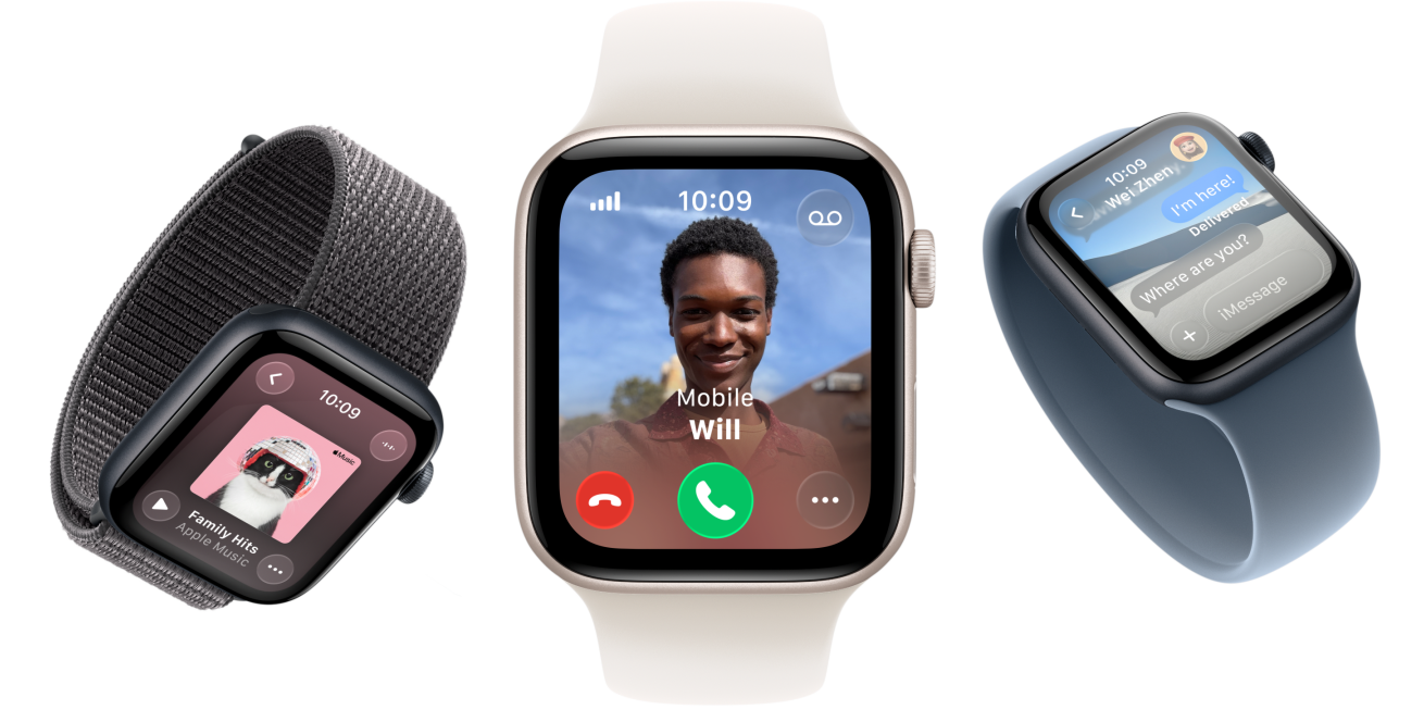 Apple Watch SE 3 devices, aluminium cases, starlight and midnight colours, Braided Solo Loop, turmeric colour, Solo Loop, neon yellow colour, Sport Loop, basalt black colour, screens: Apple Pay, Control Centre, Apple Music