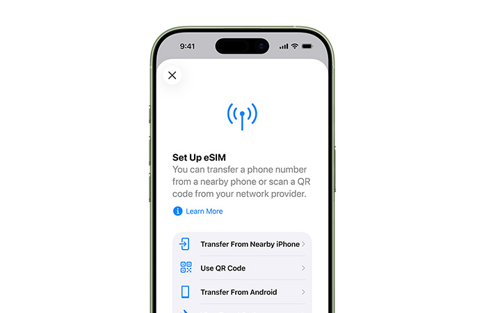 iPhone 17, front exterior, using the Set Up eSIM feature to easily transfer a phone number with eSIM