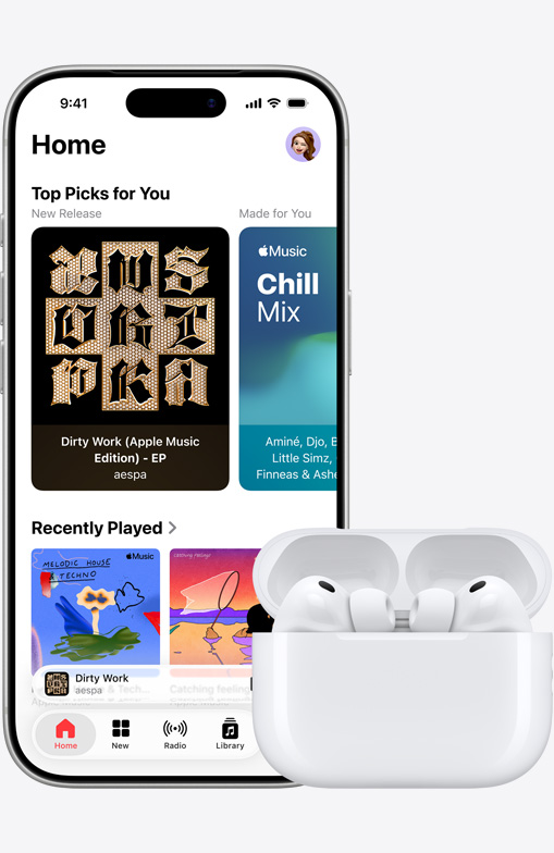 iPhone 16 playing music next to AirPod models