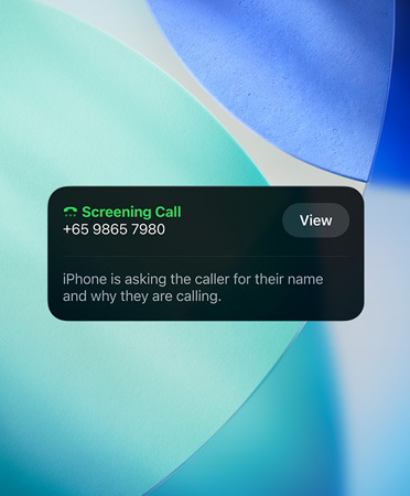 iPhone app widget showcasing Call Screening feature on an incoming call, new emerald blue, white, and turquoise wallpaper set in the background