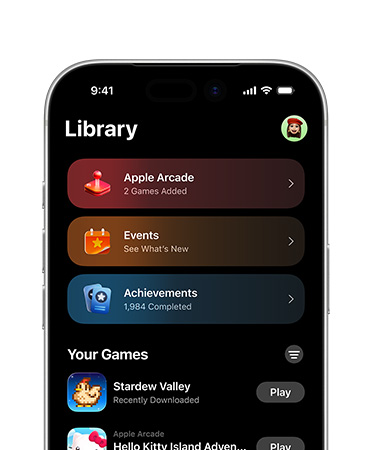 iPhone, top half only, screen shows Games app layout, including Library tab, Apple Arcade, Events, Achievements and All Games section
