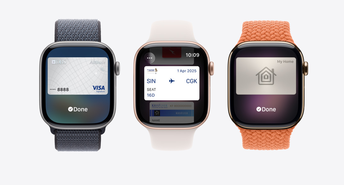 Apple Watch Series 11 devices, aluminum and titanium cases, silver, rose gold and gold colors, Apple Pay screen, Apple Card, Apple Wallet, Transit Card, home key card, Bands: Sport Loop, anchor blue color, Sport Band, light blush color, Braided Solo Loop, turmeric color