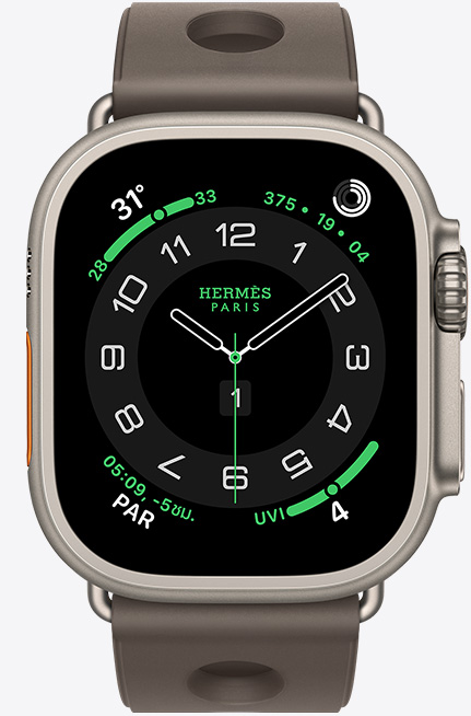 Apple Watch Hermès Ultra 3, ตัวเรือนไทเทเนียมธรรมชาติ, หน้าปัดนาฬิกา Hermès Circulaire, กลไกหน้าปัด: สภาพอากาศ, วงแหวนกิจกรรม, PAR, ดัชนี UV, ภายนอกด้านขวา, Digital Crown, ไมโครโฟน, ปุ่มด้านข้างที่ยกขึ้น, สายแบบ Scub’H Diving, สี Gris Titane