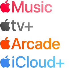 A list of Apple services: Apple Music, Apple Fitness Plus, Apple TV Plus, Apple News Plus, Apple Arcade, and Apple iCloud Plus