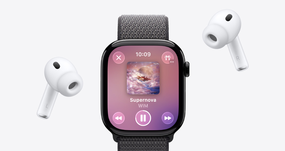 AirPods Pro 3, white, silicone tips, Apple Watch Series 11, aluminum case, polished jet black color, Apple Music playing, Sport Loop, anchor blue color