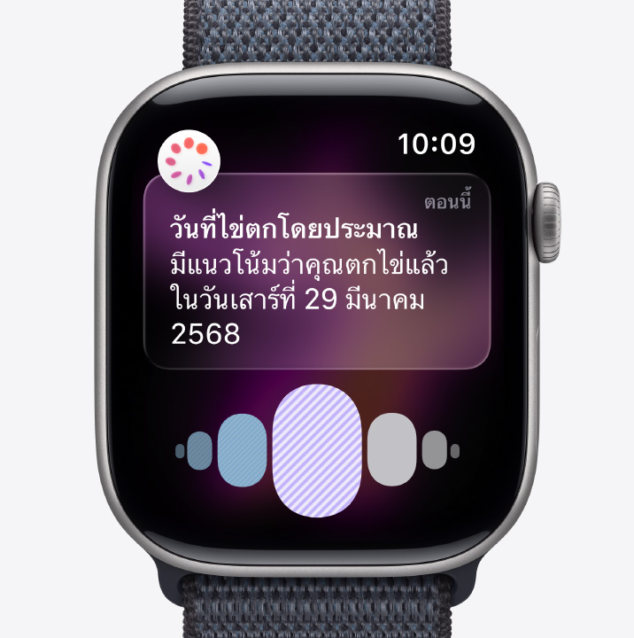 Apple Watch Series 11, space gray color, aluminum case, ovulation date estimation notification from Cycle Tracking in Health app, Digital Crown, Sport Loop, dark gray color