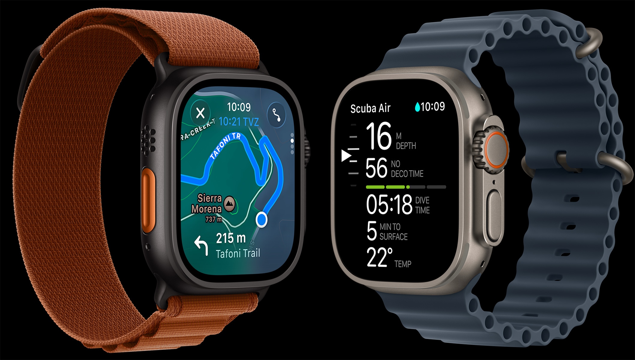 Apple Watch Ultra 3 aygıtları, titanyum kasalar, siyah ve natürel renkler, doğa yürüyüşü haritası, dalış ölçümleri
