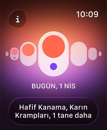 Sağlık uygulamasındaki Döngü İzleme sayfası, takvim âdet evresini belirtiyor, hafif kanama