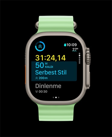 Apple Watch Ultra 3, natürel renk, titanyum kasa, Antrenman uygulaması, özel antrenman kartı, Sıradaki antrenman görünümü, neon yeşil Ocean Kordon