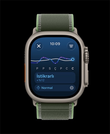 Apple Watch Ultra 3, natürel renk, titanyum kasa, antrenman yükü çizgi grafiği ve takvim, kordon, Trail Loop, yeşil/neon yeşil renk