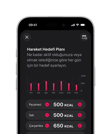iPhone 16’nın önden görünümü, Kullanıcı Arayüzünde Hareket Hedefi Planı görülüyor
