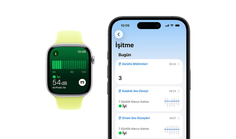 Siyah Spor kordonlu Apple Watch Series 10’un Kullanıcı Arayüzünde gürültü ölçümü görülüyor, yanında duran iPhone 16’nın Kullanıcı Arayüzünde ise İşitme, Ortam Ses Düzeyleri ve Ortam yazdığı görülüyor