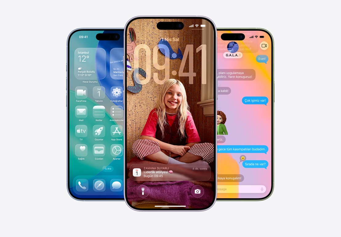 iPhone ekranında arama filtreleme bildirim penceresi görünüyor, Liquid Glass tasarımına sahip iPhone ekranında Mail ve Mesajlar uygulaması bildirim pencereleri görünüyor, Liquid Glass tasarımına sahip iPhone ekranında Mesajlar’daki yazışma görünüyor